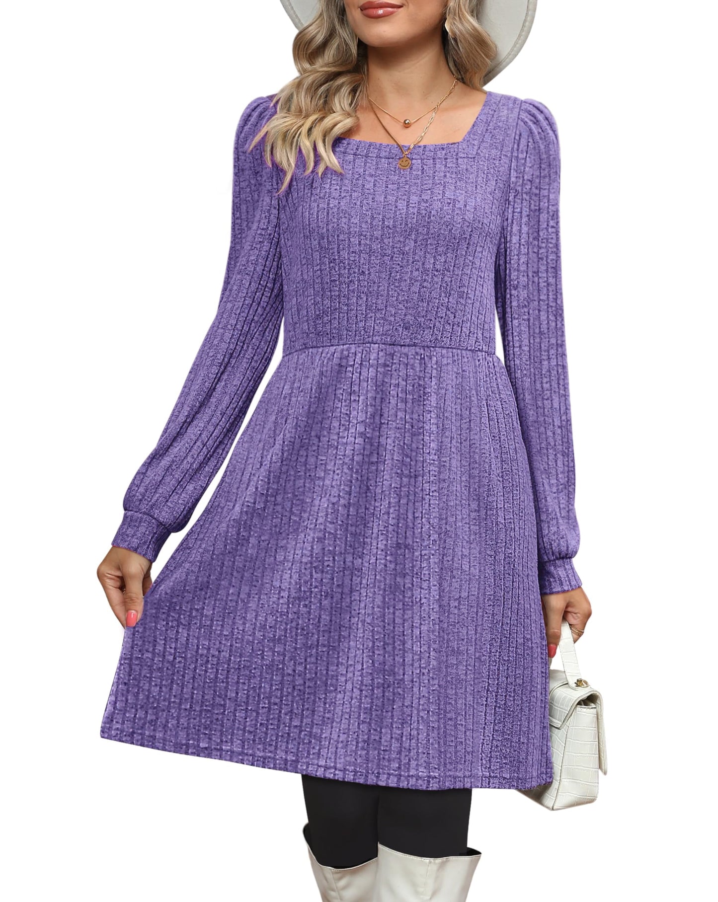 Dresses for Women Fall Square Neck Long Sleeve Knee Length Dress with Pockets