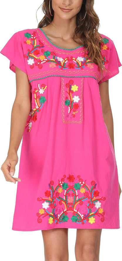 Women Mexican Embroidered Dress Short Sleeve