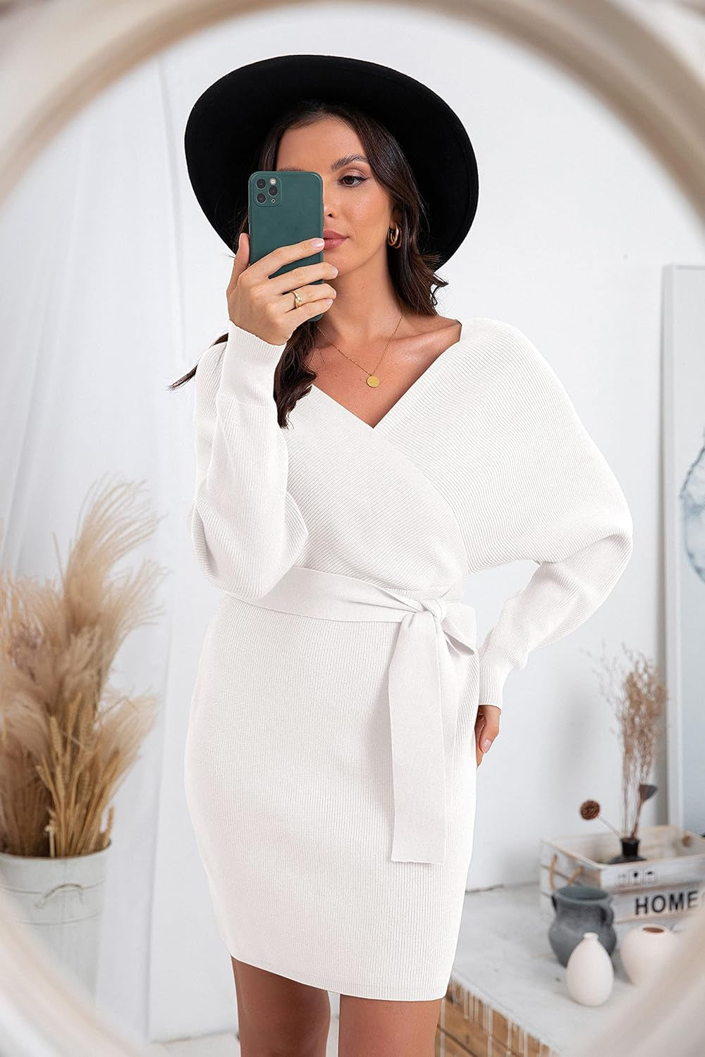 Women'S V Neck Batwing Long Sleeve Sexy Backless Wrap Bodycon Cocktail Pullover Sweater Mini Dress with Belt