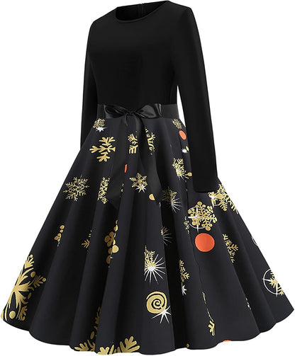 SHENYANGWA Christmas Vintage Long Sleeve Party Dresses Casual Crewneck Zipper Retro Floral Print Patchwork Cocktail Prom Dress, Black