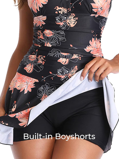 Women'S plus Size Floral Swimdress Tummy Control One Piece Swimsuit Black Flower X-Large