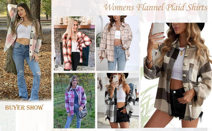 Womens Plaid Shirts Flannel Shacket Jacket Long Sleeve Button down Shirts Blouses Tops