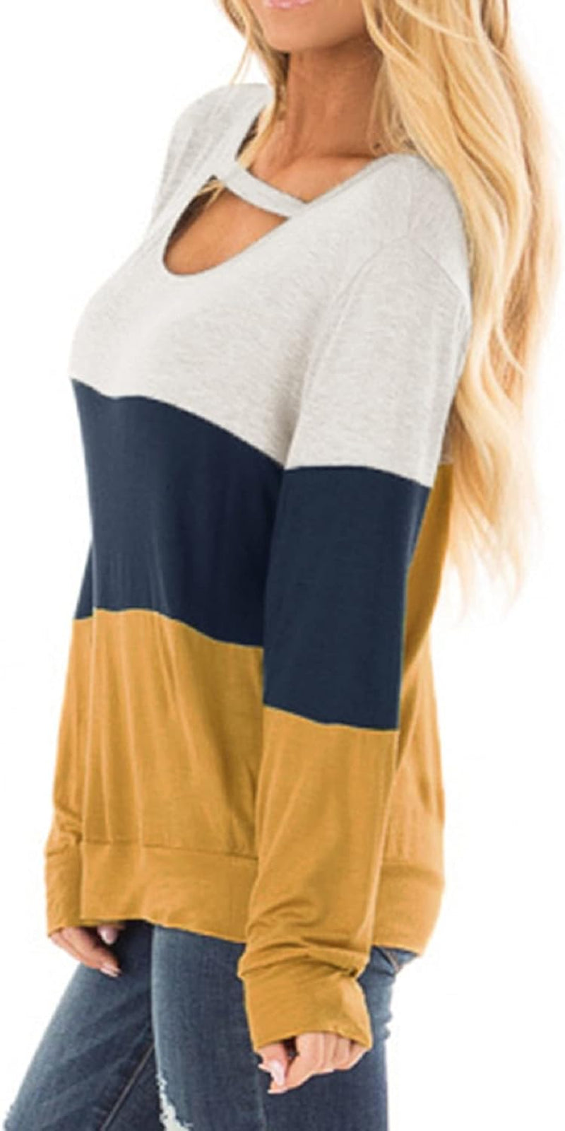 Women'S Fall Color Block Chest Cutout Tunics Long Sleeve Shirts Scoop Neck Blouse Casual Loose Fit Tops A-Yellow