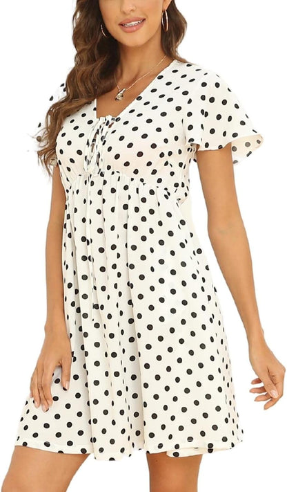 Women'S Summer Smocked Midi Dress Ditsy Floral Print Casual a Line Square Neck Short Puff Sleeve Dress