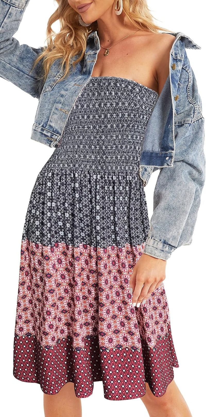 Womens Summer Sundress Cover Ups Casual Strapless Boho Flower Printed Sleeveless Tube Dress (Red11,M)