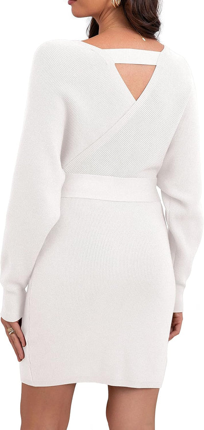 Women'S V Neck Batwing Long Sleeve Sexy Backless Wrap Bodycon Cocktail Pullover Sweater Mini Dress with Belt