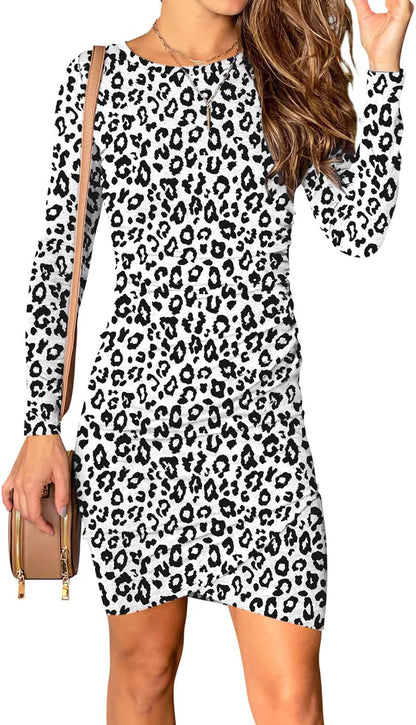 Women 2023 Long Sleeve Elegant Ruched Bodycon Wrap Casual Irregular Hem Short Dress