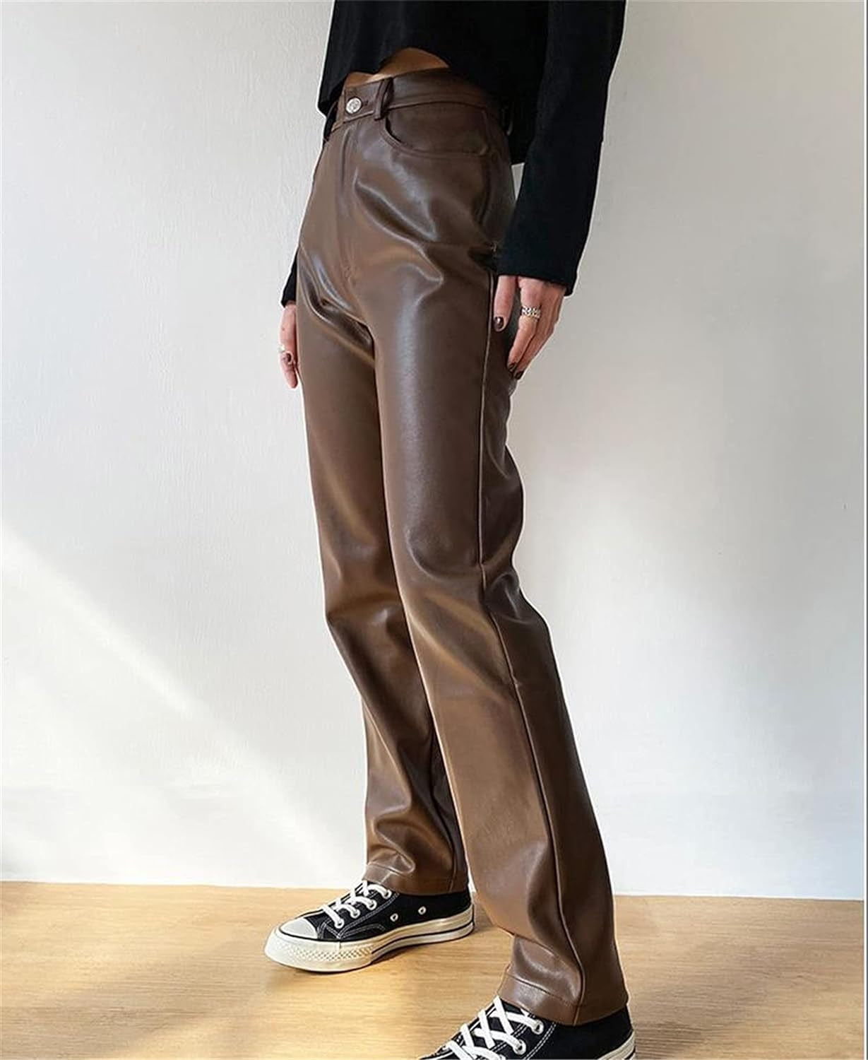 Women Faux Leather Pants High Waist Wide Leg Vintage Pu Trousers Y2K Sexy Baggy Straight Leather Pants Streetwear