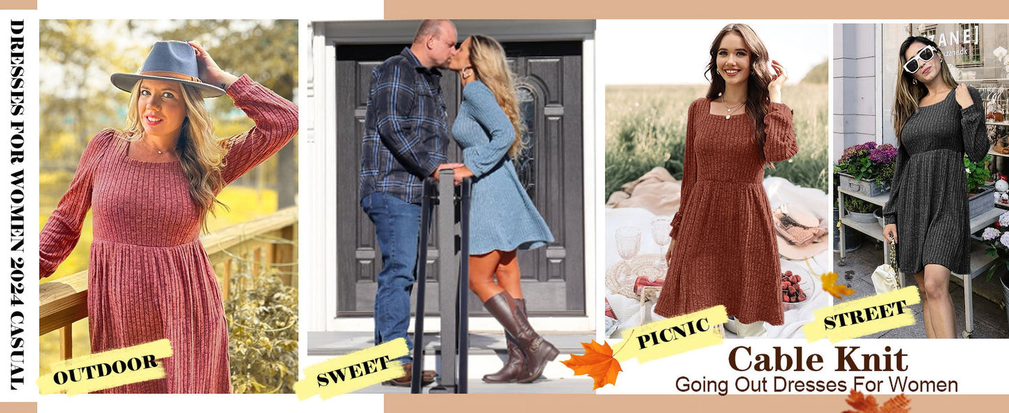 Dresses for Women Fall Square Neck Long Sleeve Knee Length Dress with Pockets