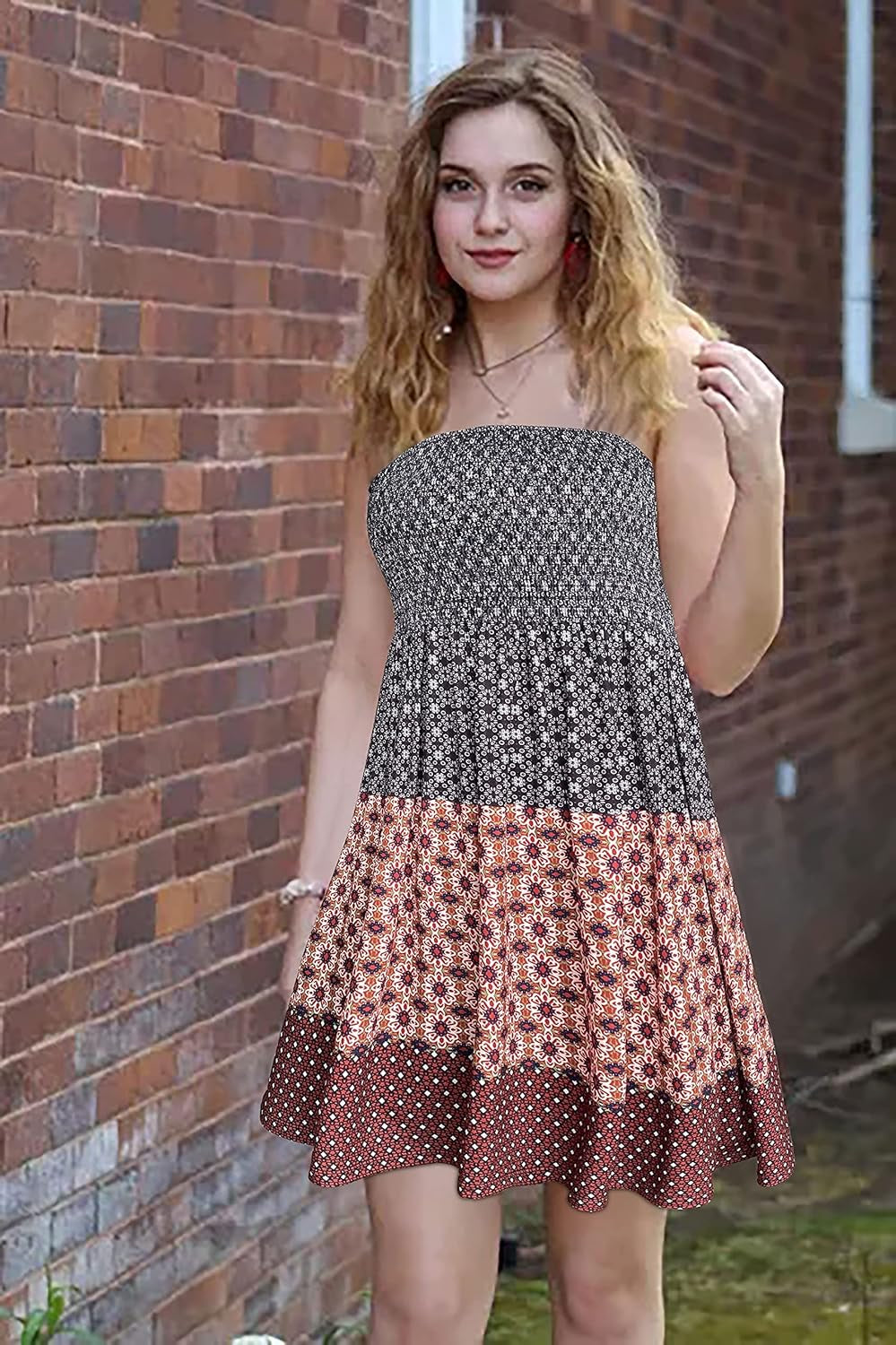 Womens Summer Sundress Cover Ups Casual Strapless Boho Flower Printed Sleeveless Tube Dress (Red11,M)