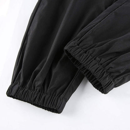 Womens High Waisted Cargo Pants Hollow Punk Pants Pockets Casual Loose Combat Twill Trousers with Belt (Black, L)