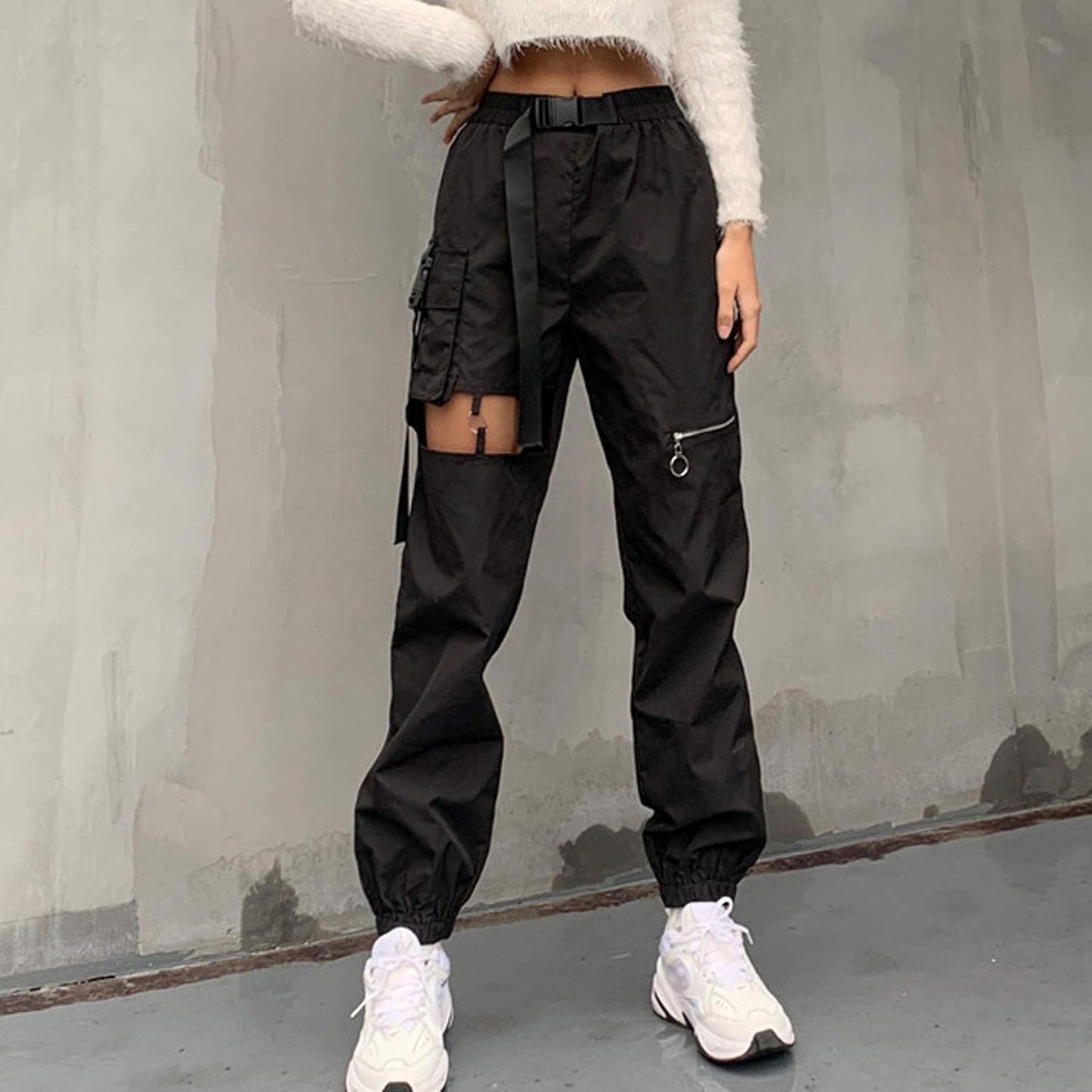 Womens High Waisted Cargo Pants Hollow Punk Pants Pockets Casual Loose Combat Twill Trousers with Belt (Black, L)