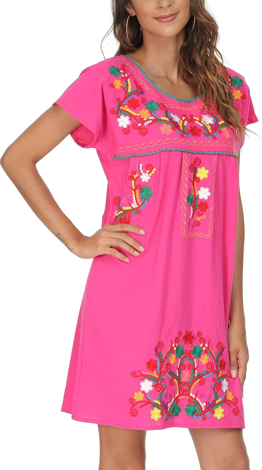 Women Mexican Embroidered Dress Short Sleeve
