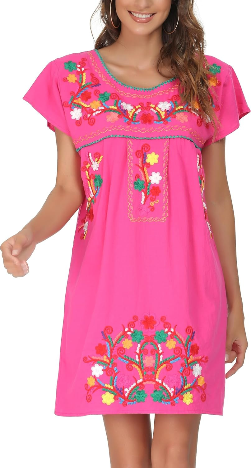 Women Mexican Embroidered Dress Short Sleeve