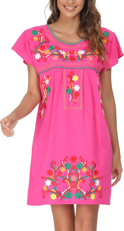 Women Mexican Embroidered Dress Short Sleeve