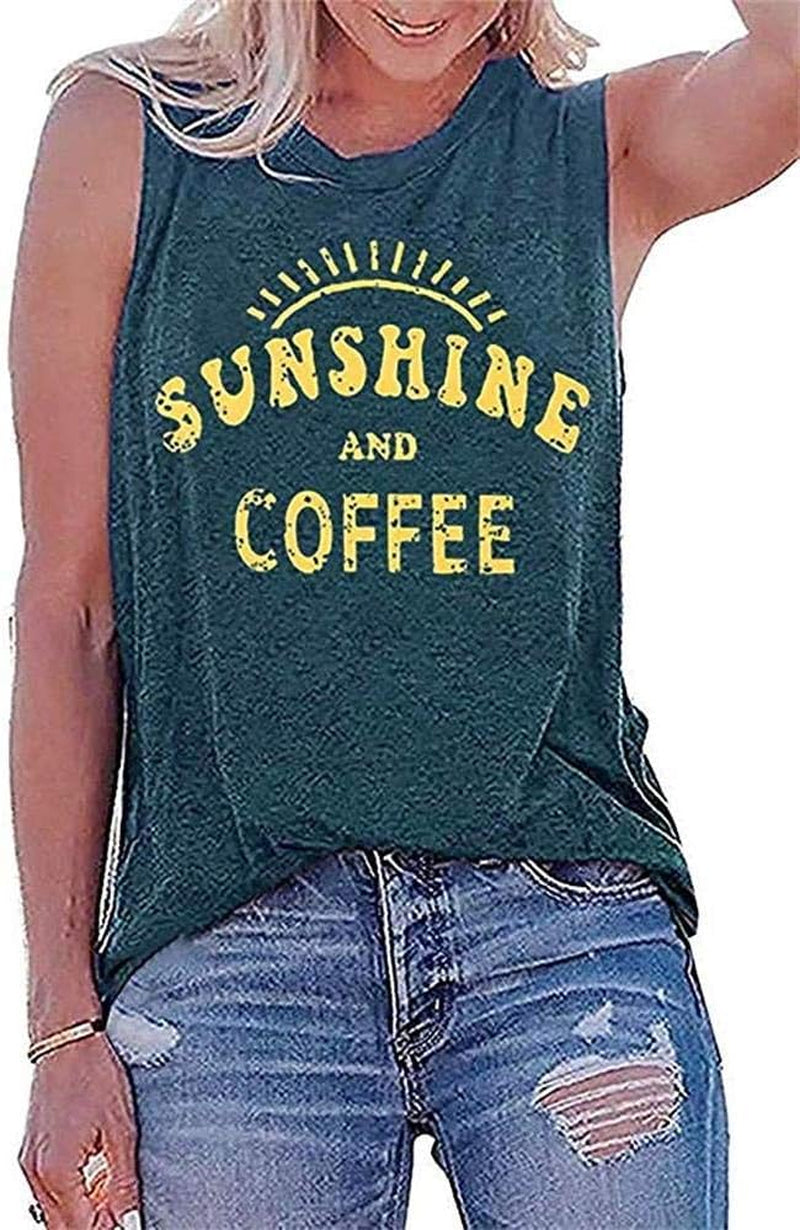 Sunshine and Coffee Tank Top T Shirt Women'S Funny Letter Pattern Graphic Print Cami Tank Summer Vacation Loose Tunic Shirts Gym Running Sleeveless Shirt Tee Top
