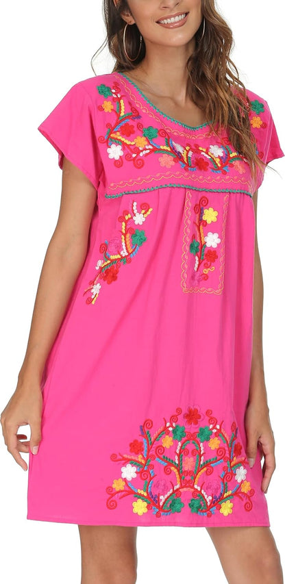 Women Mexican Embroidered Dress Short Sleeve