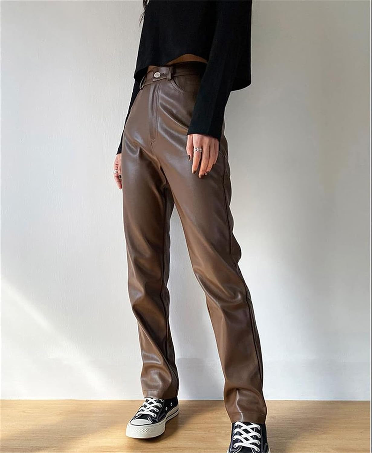 Women Faux Leather Pants High Waist Wide Leg Vintage Pu Trousers Y2K Sexy Baggy Straight Leather Pants Streetwear