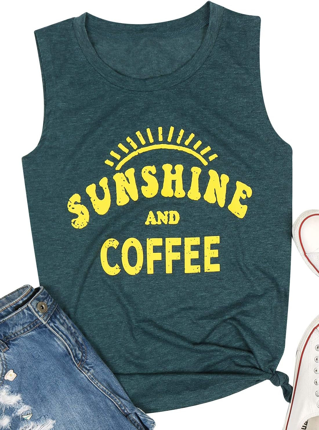 Sunshine and Coffee Tank Top T Shirt Women'S Funny Letter Pattern Graphic Print Cami Tank Summer Vacation Loose Tunic Shirts Gym Running Sleeveless Shirt Tee Top
