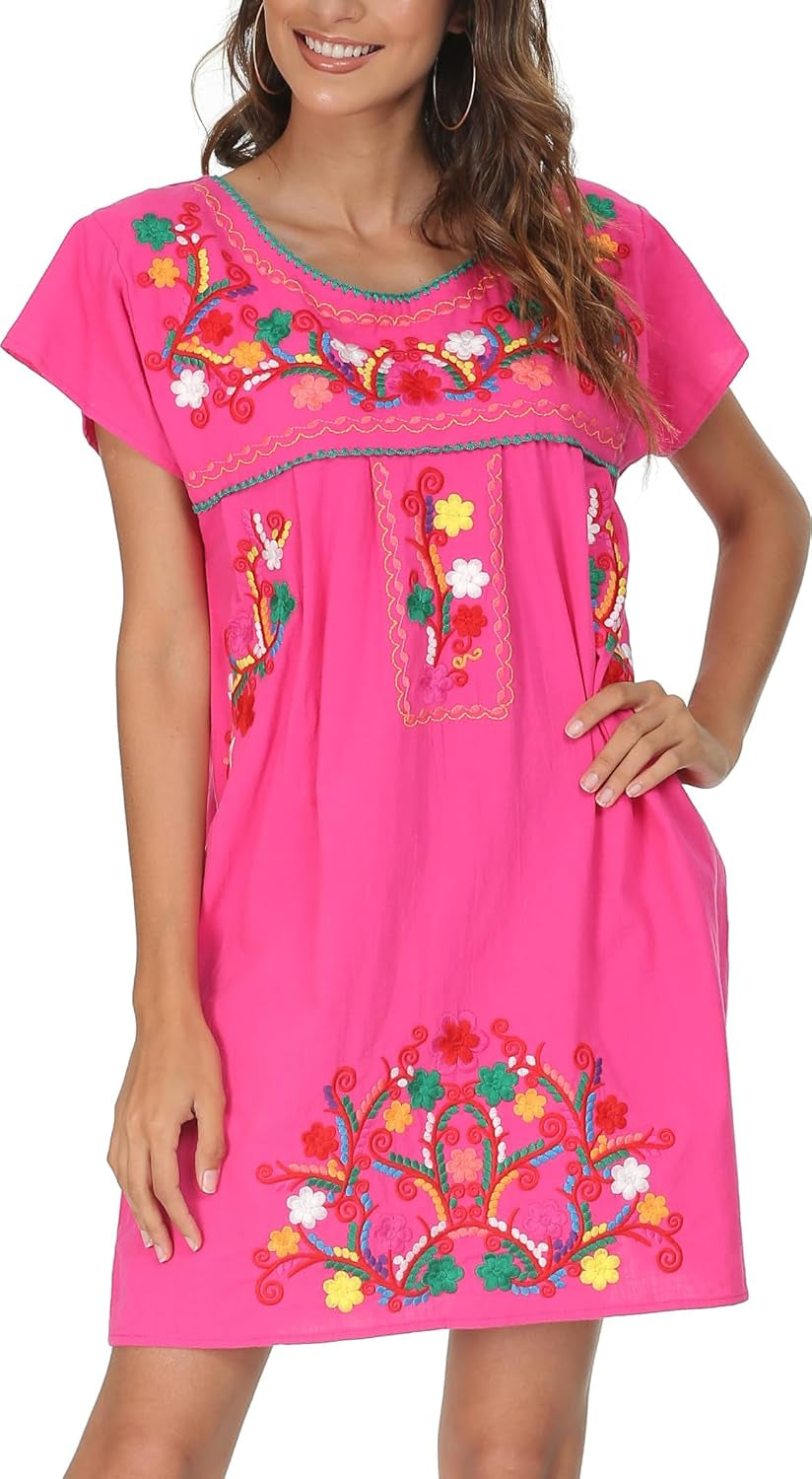 Women Mexican Embroidered Dress Short Sleeve
