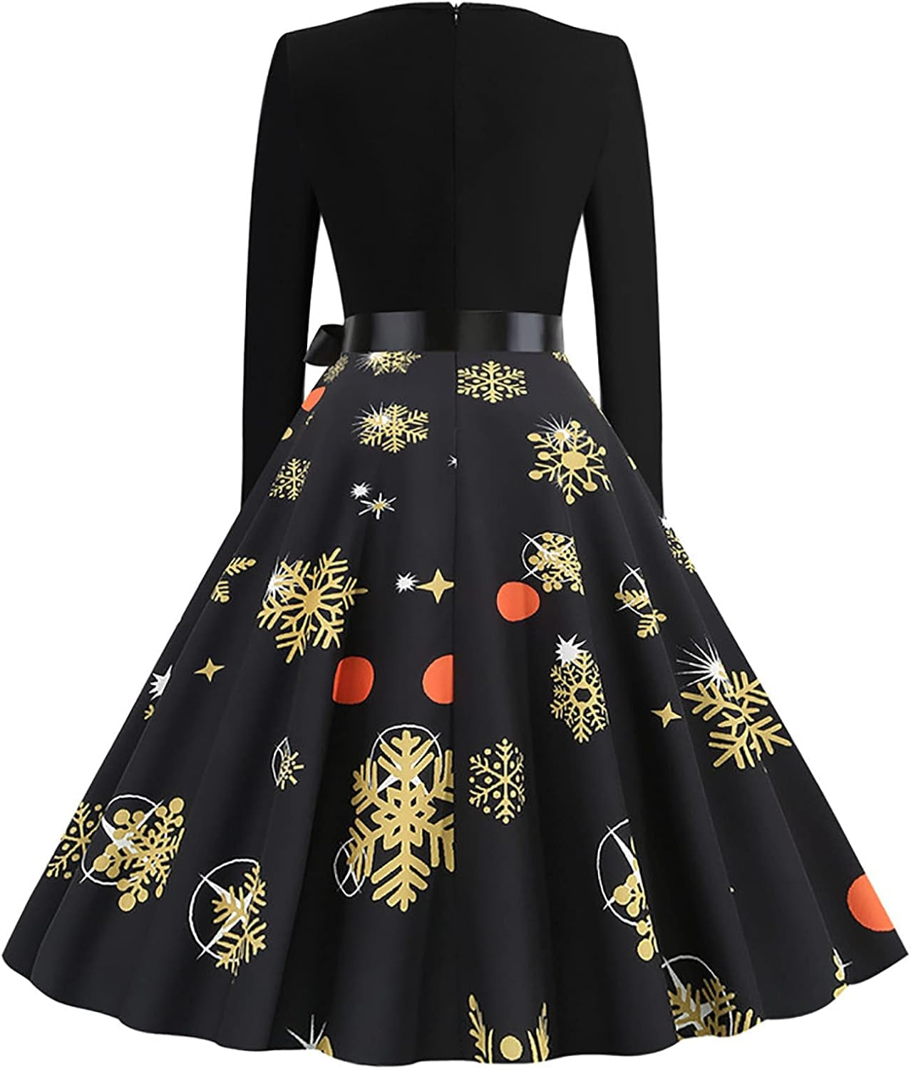 SHENYANGWA Christmas Vintage Long Sleeve Party Dresses Casual Crewneck Zipper Retro Floral Print Patchwork Cocktail Prom Dress, Black