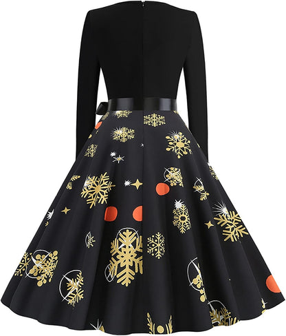SHENYANGWA Christmas Vintage Long Sleeve Party Dresses Casual Crewneck Zipper Retro Floral Print Patchwork Cocktail Prom Dress, Black