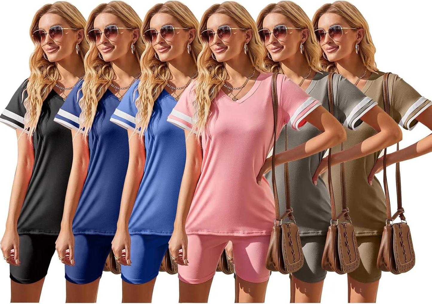 Womens Shorts Sets 2 Piece Outfits Tracksuits Short Sleeve V-Neck Casual T-Shirt Tops Bodycon Shorts Sets