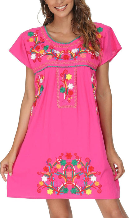 Women Mexican Embroidered Dress Short Sleeve