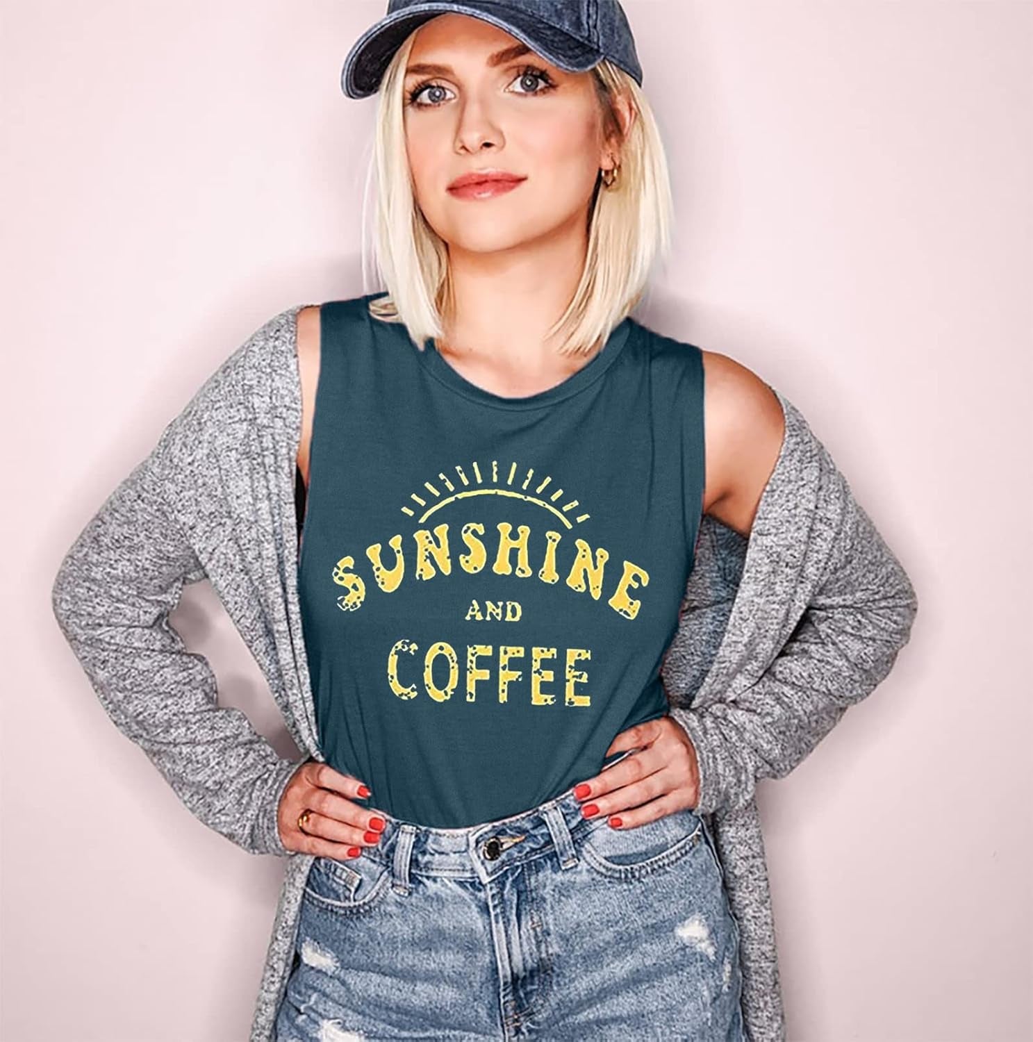 Sunshine and Coffee Tank Top T Shirt Women'S Funny Letter Pattern Graphic Print Cami Tank Summer Vacation Loose Tunic Shirts Gym Running Sleeveless Shirt Tee Top