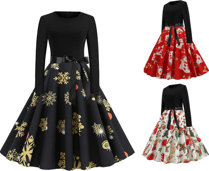 SHENYANGWA Christmas Vintage Long Sleeve Party Dresses Casual Crewneck Zipper Retro Floral Print Patchwork Cocktail Prom Dress, Black