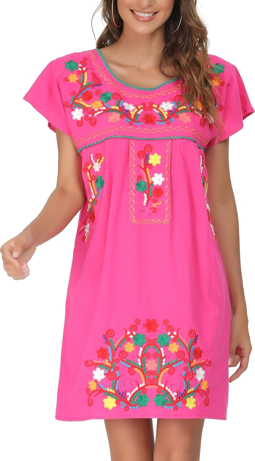 Women Mexican Embroidered Dress Short Sleeve