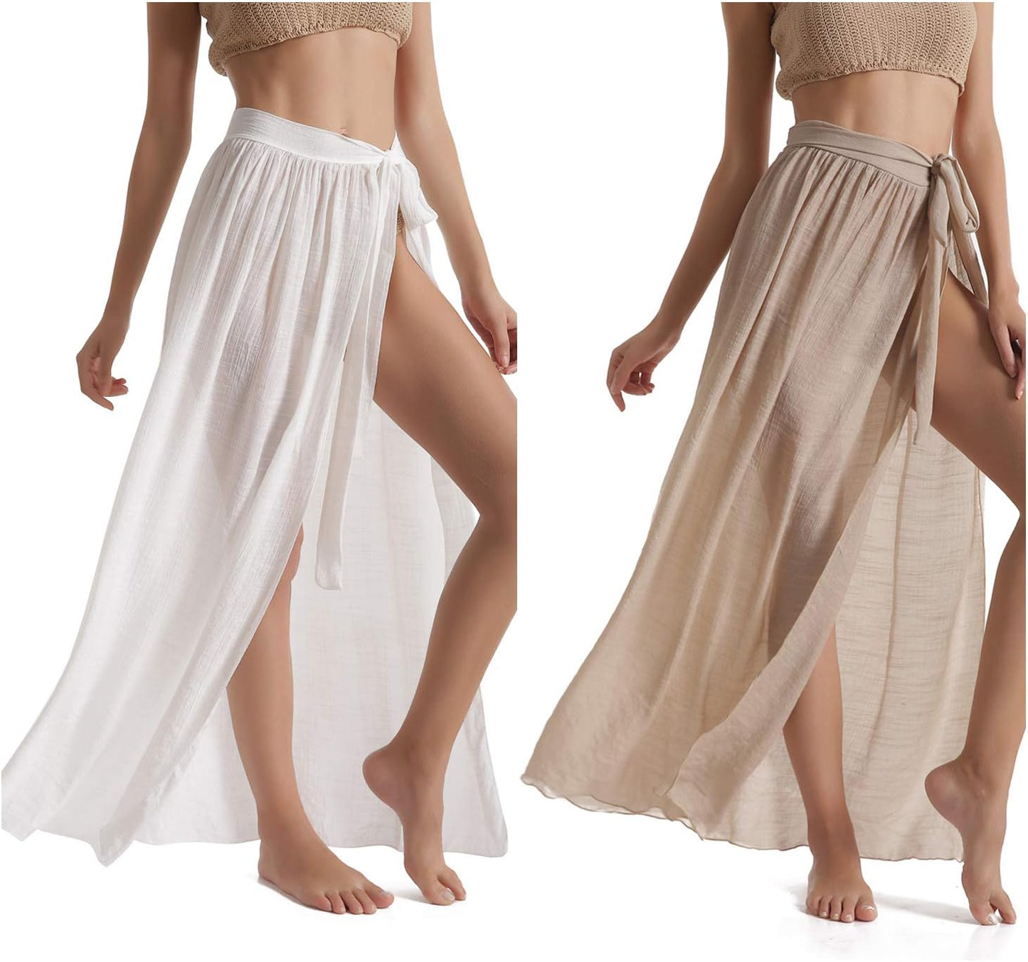 Beach Sarong Pareo Womens Semi-Sheer Swimwear Cover Ups Short Skirt with Tassels (63-White+Khaki(Us 4-12))