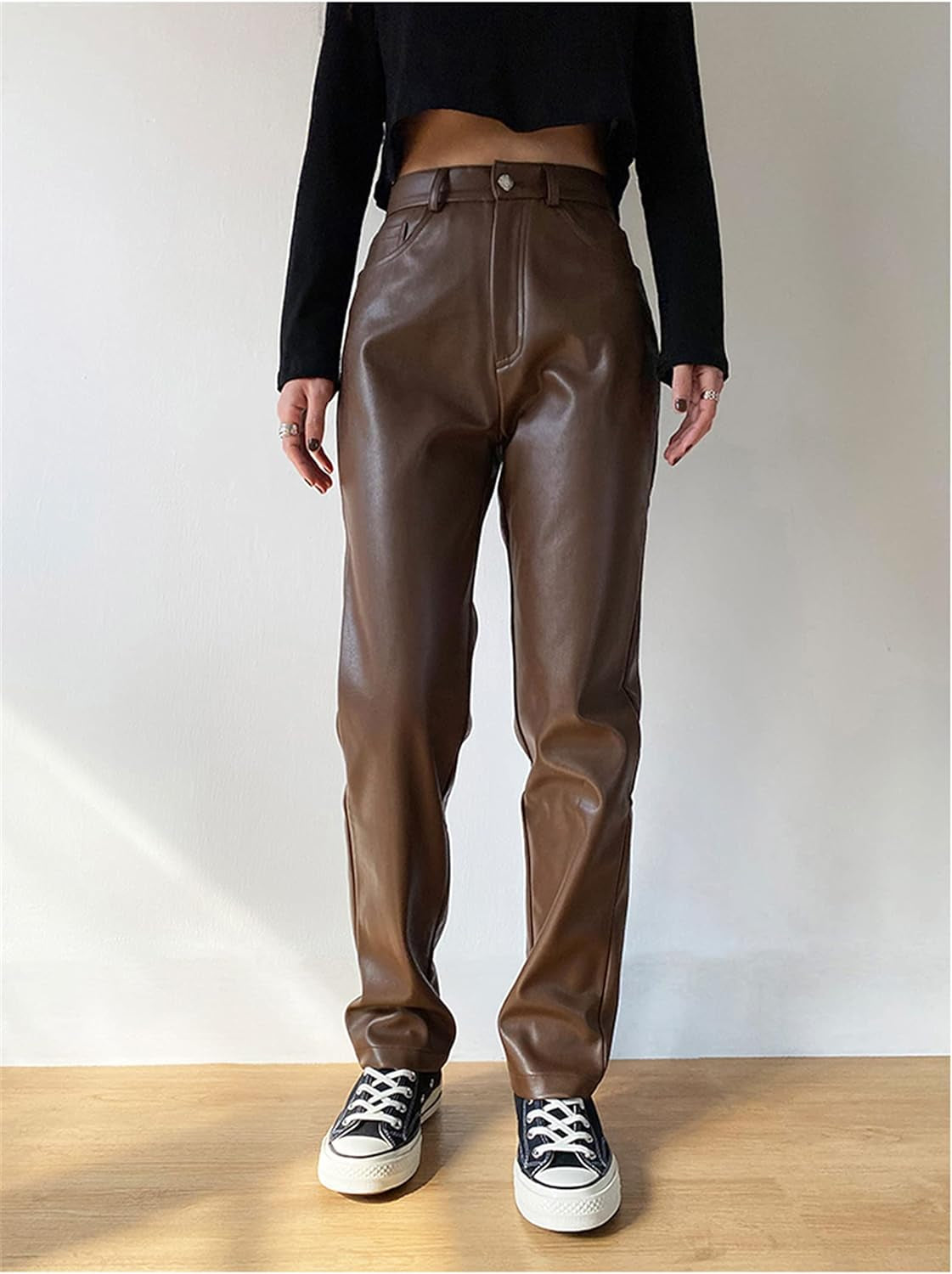 Women Faux Leather Pants High Waist Wide Leg Vintage Pu Trousers Y2K Sexy Baggy Straight Leather Pants Streetwear