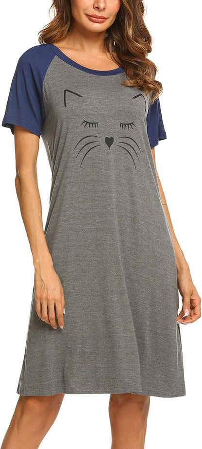 Womens Nightgown Short Sleeve Night Dress Printed Sleepwear Soft Sleep Shirt S-3XL