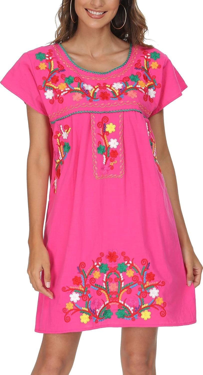 Women Mexican Embroidered Dress Short Sleeve